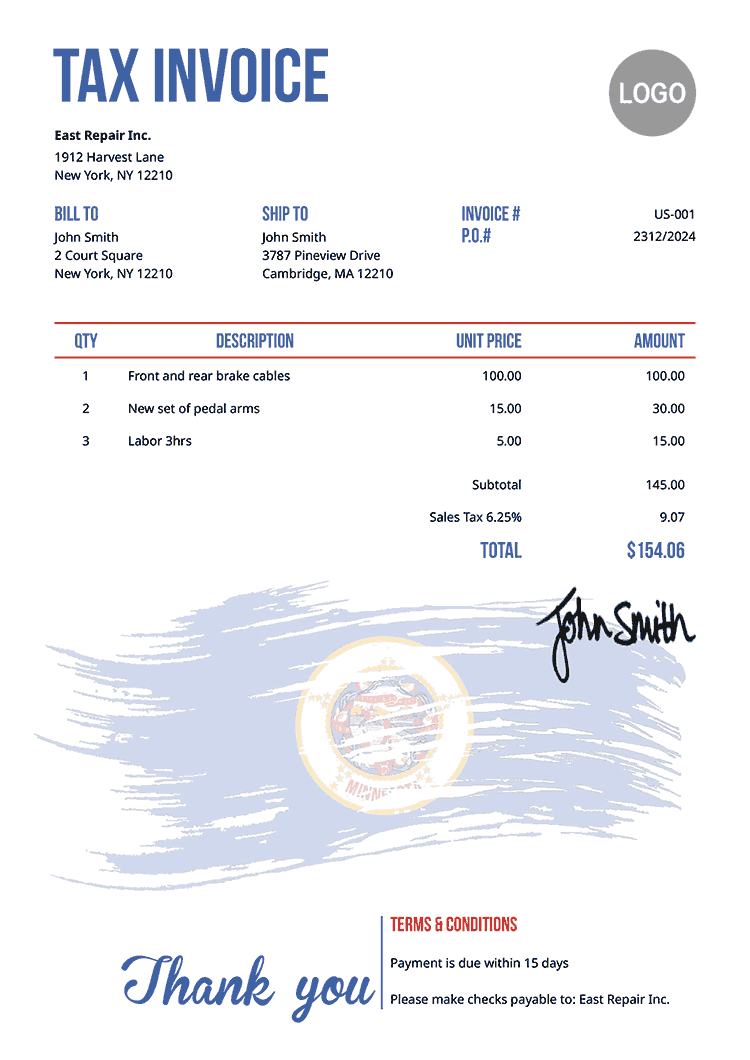 Tax Invoice Template Us Flag Of Minnesota 