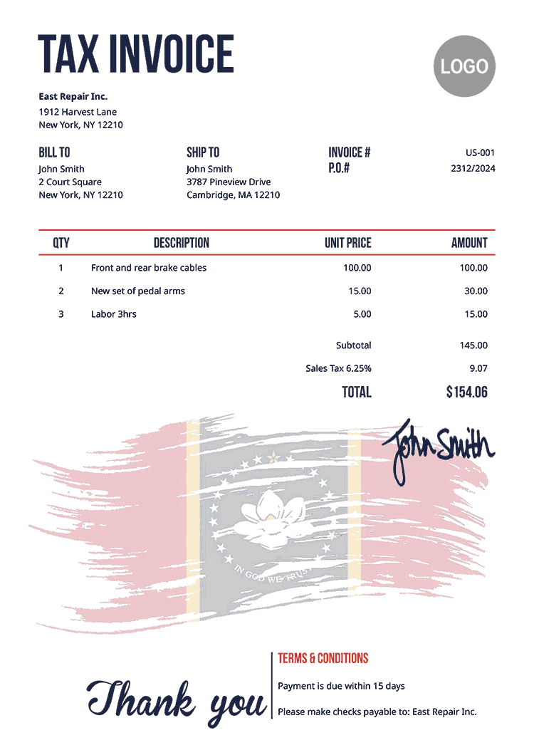 Tax Invoice Template Us Flag Of Mississippi 