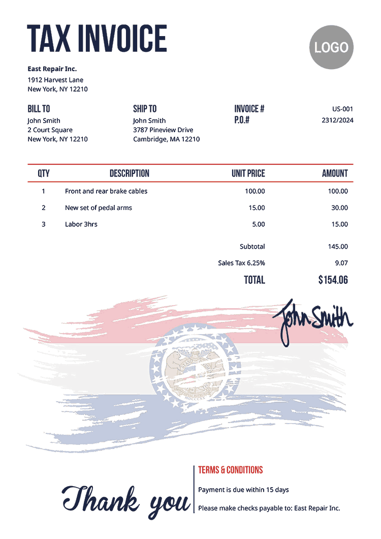 Tax Invoice Template Us Flag Of Missouri 