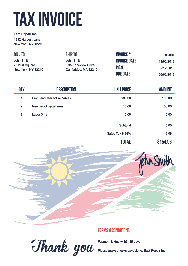 Tax Invoice Template Us Flag Of Namibia 