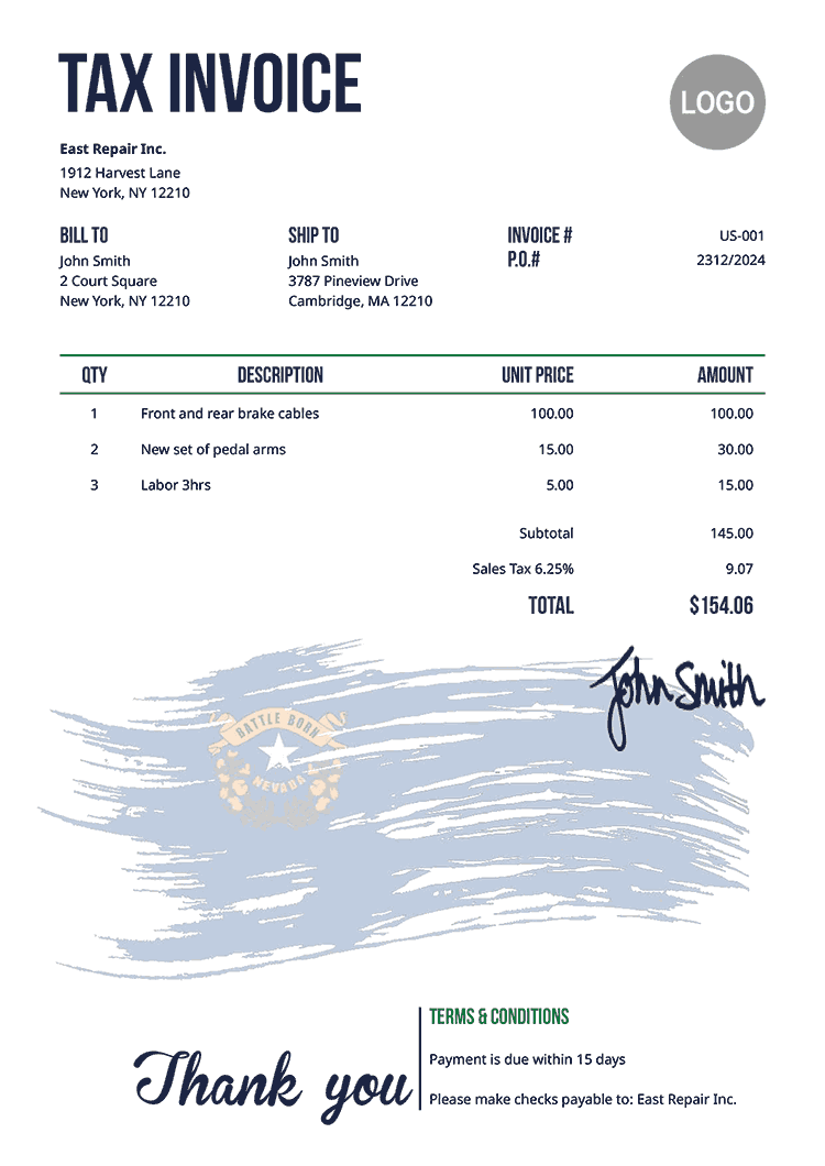 Tax Invoice Template Us Flag Of Nevada 