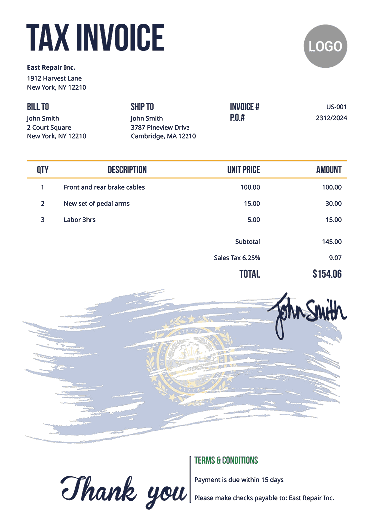 Tax Invoice Template Us Flag Of New Hampshire 