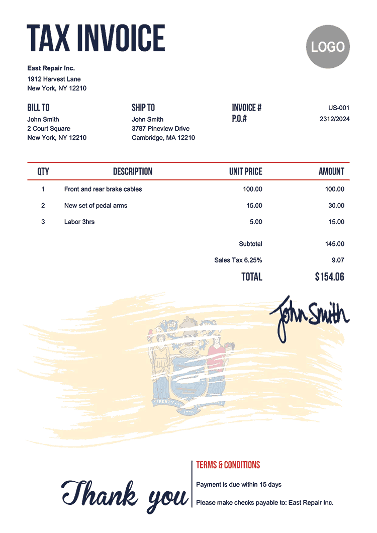 Tax Invoice Template Us Flag Of New Jersey 