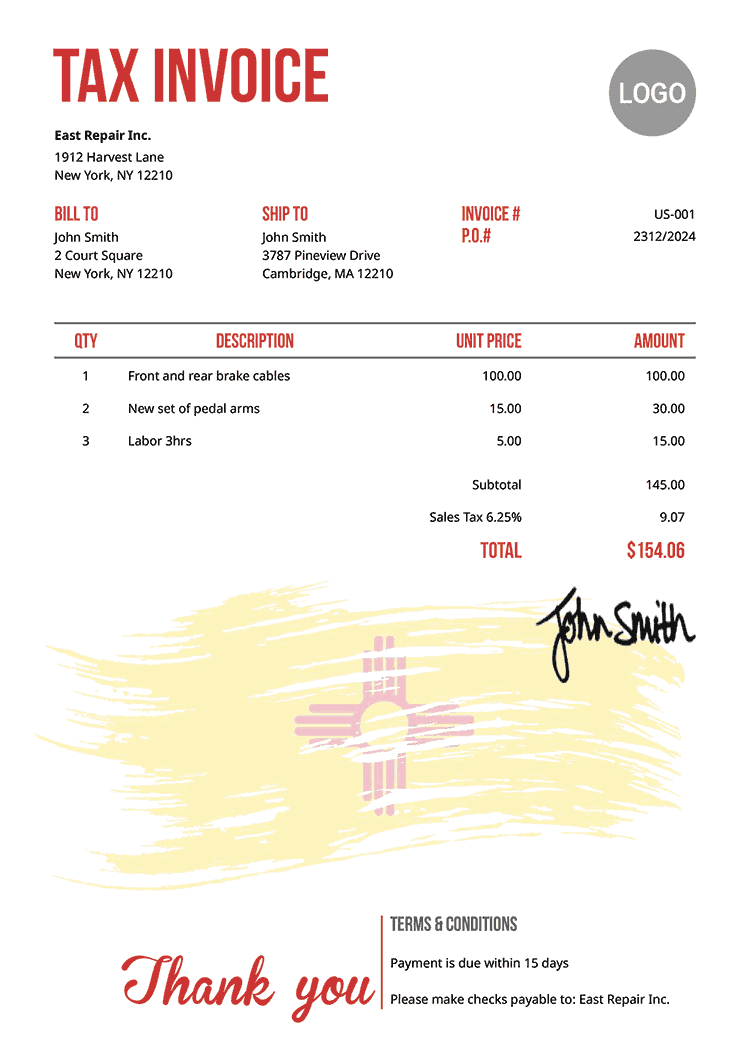 Tax Invoice Template Us Flag Of New Mexico 