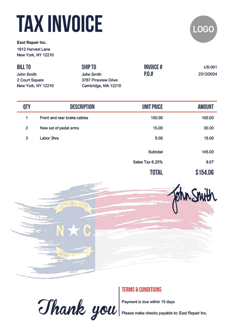 Tax Invoice Template Us Flag Of North Carolina 