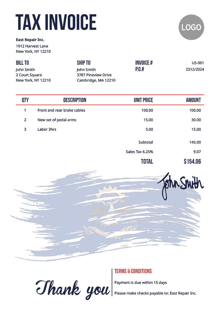 Tax Invoice Template Us Flag Of North Dakota 