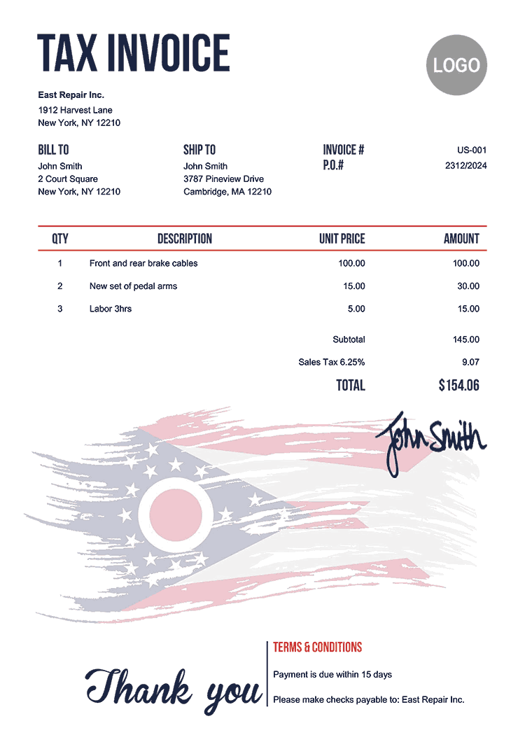 Tax Invoice Template Us Flag Of Ohio 
