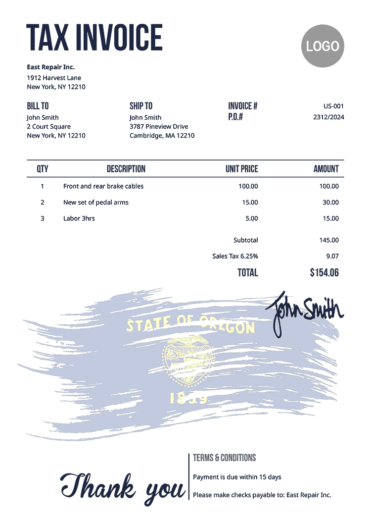 Tax Invoice Template Us Flag Of Oregon 