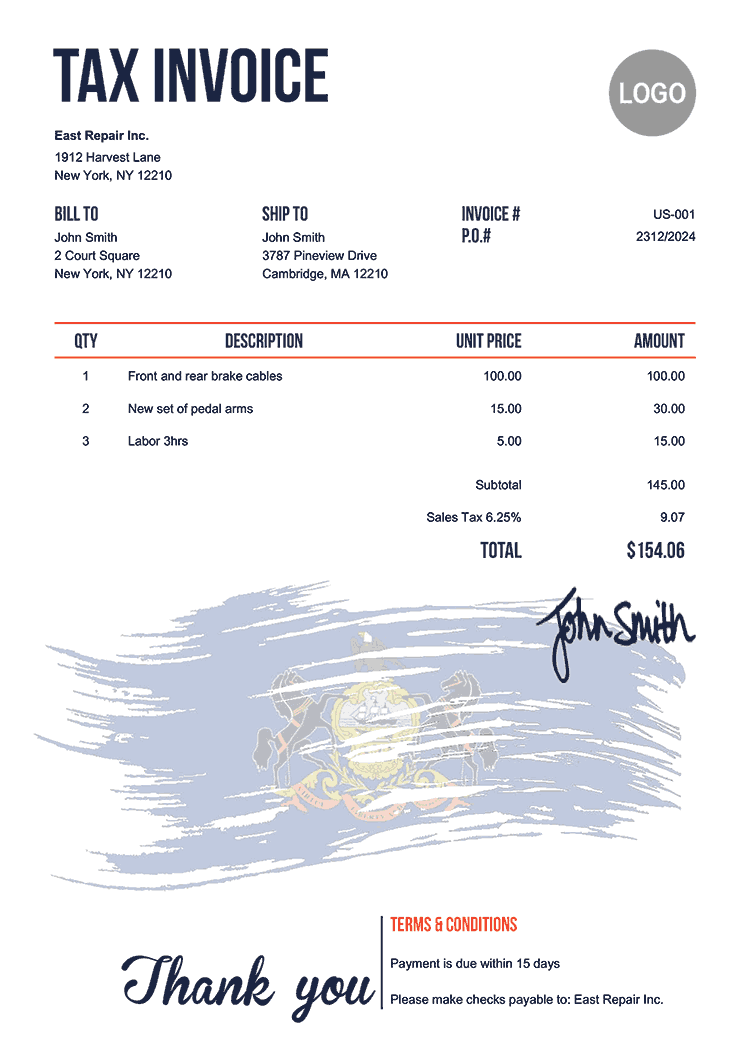 Tax Invoice Template Us Flag Of Pennsylvania 