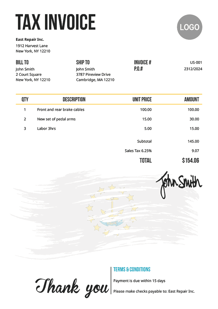 Tax Invoice Template Us Flag Of Rhode Island 
