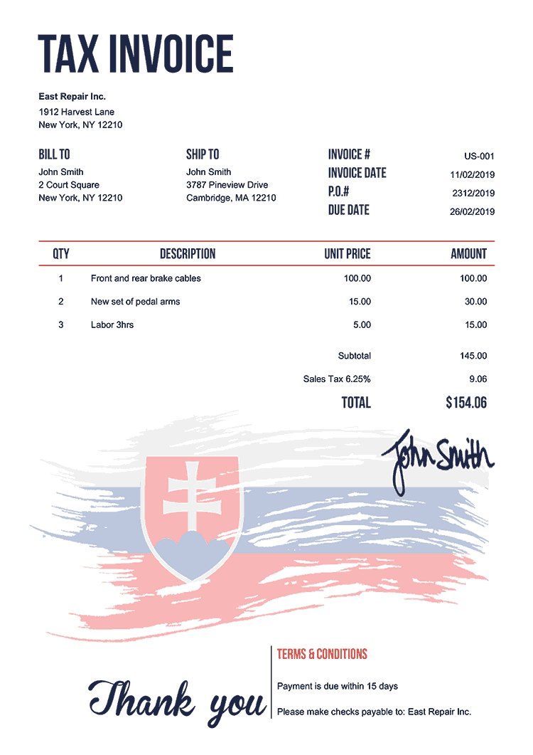 Tax Invoice Template Us Flag Of Slovakia 