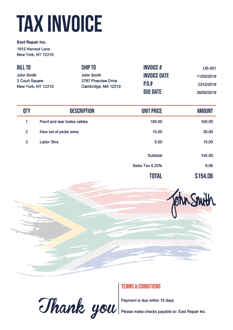 Tax Invoice Template Us Flag Of South Africa 