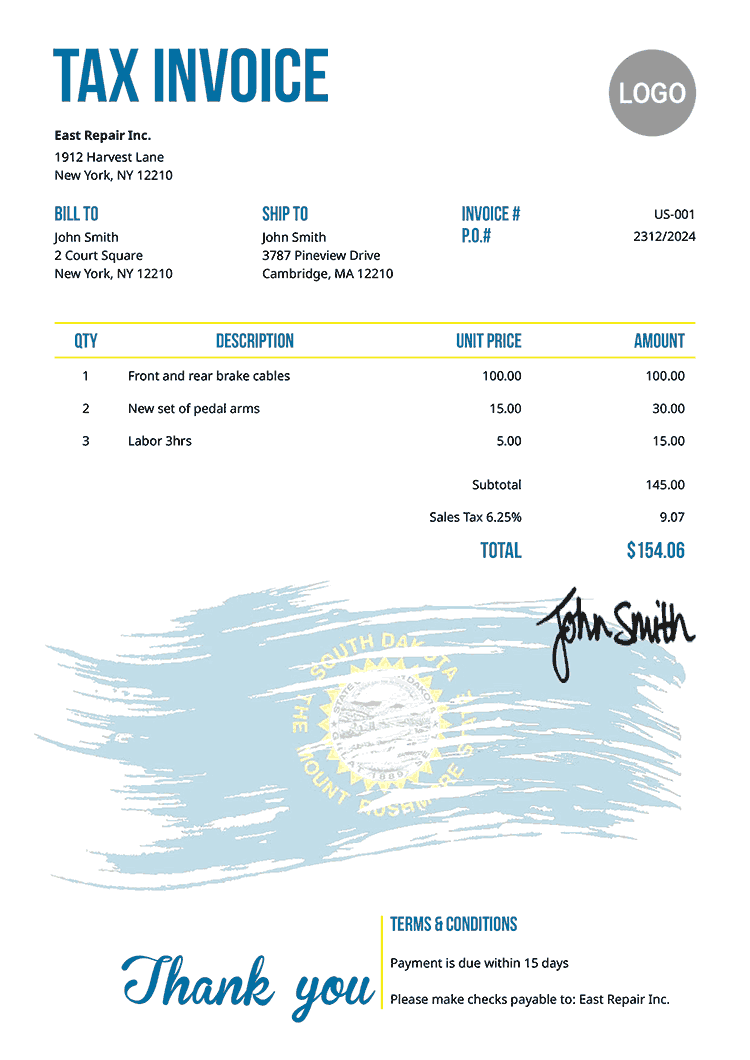 Tax Invoice Template Us Flag Of South Dakota 