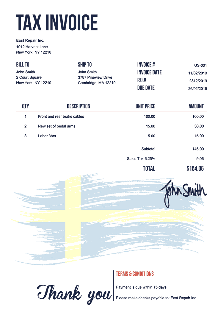 Tax Invoice Template Us Flag Of Sweden 