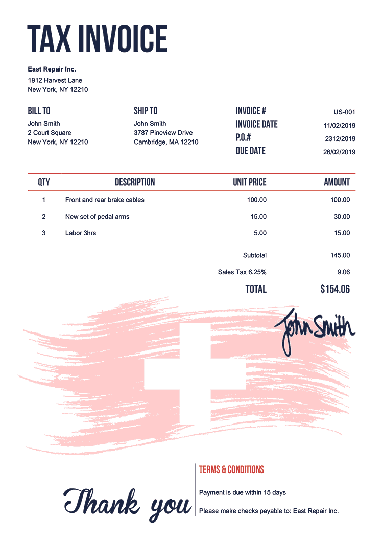 Tax Invoice Template Us Flag Of Switzerland 