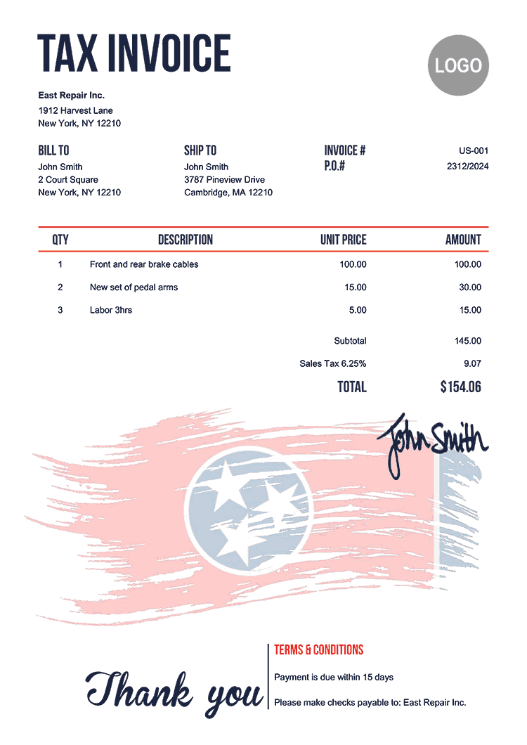 Tax Invoice Template Us Flag Of Tennessee 