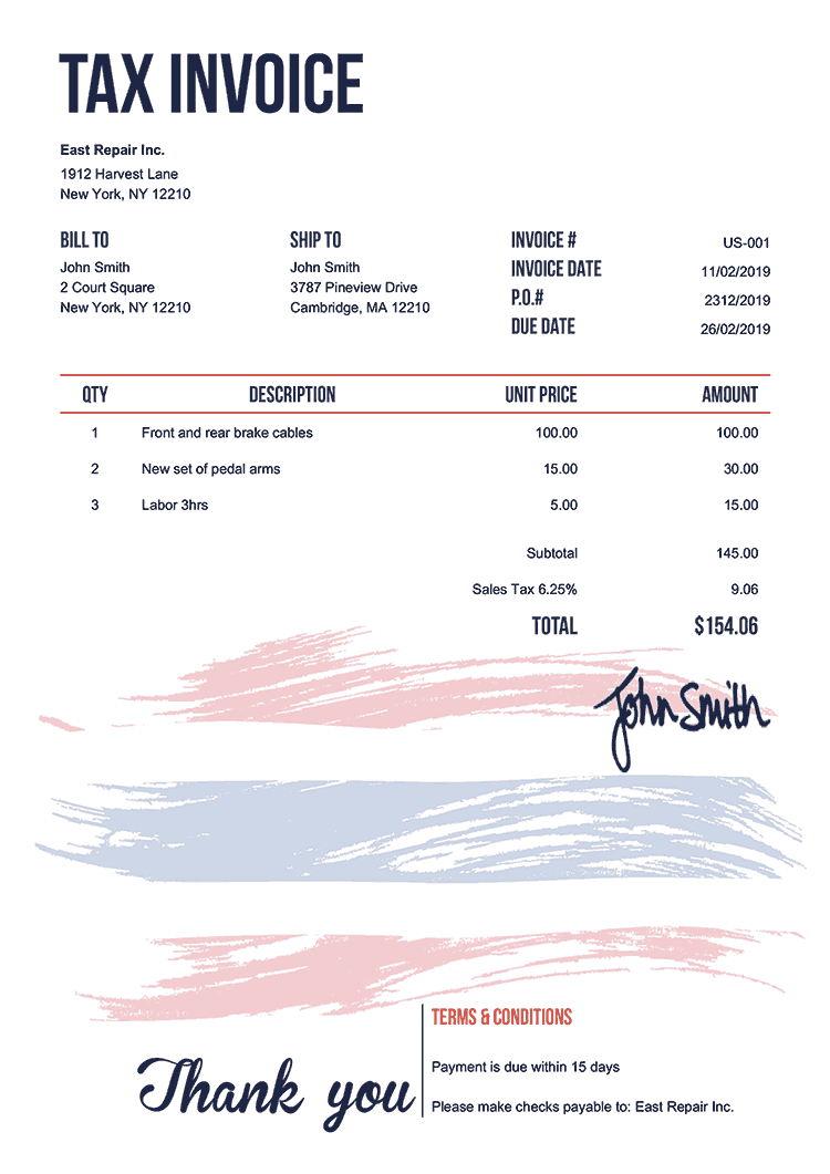 Tax Invoice Template Us Flag Of Thailand 