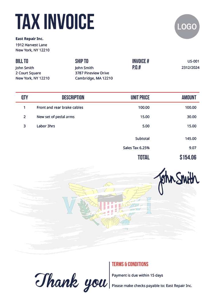 Tax Invoice Template Us Flag Of Us Virgin Islands 