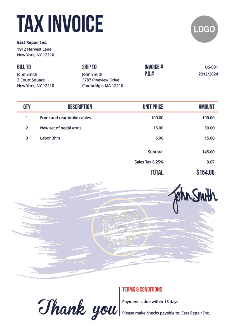 Tax Invoice Template Us Flag Of Utah 