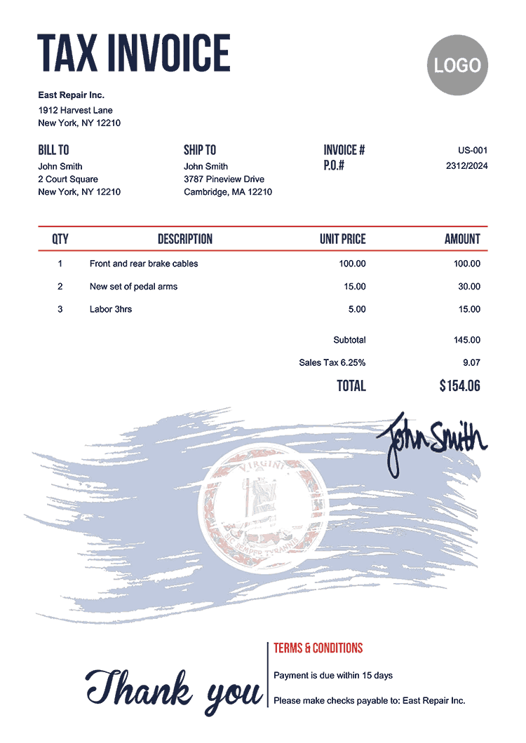 Tax Invoice Template Us Flag Of Virginia 