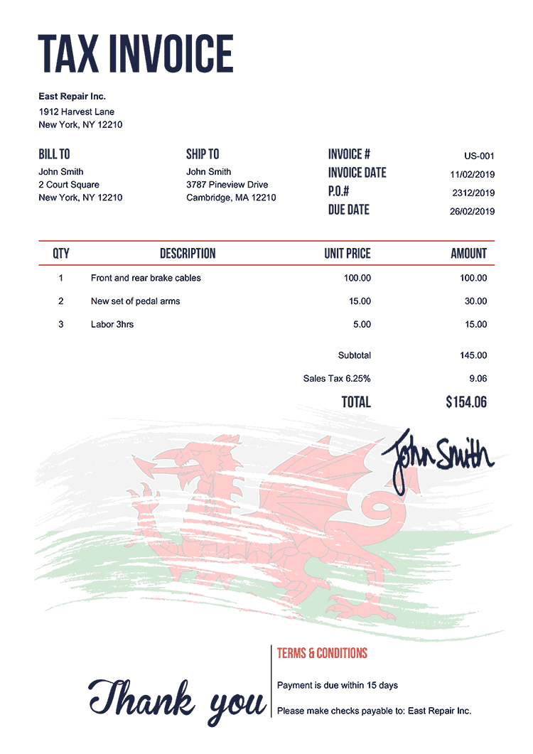 Tax Invoice Template Us Flag Of Wales 