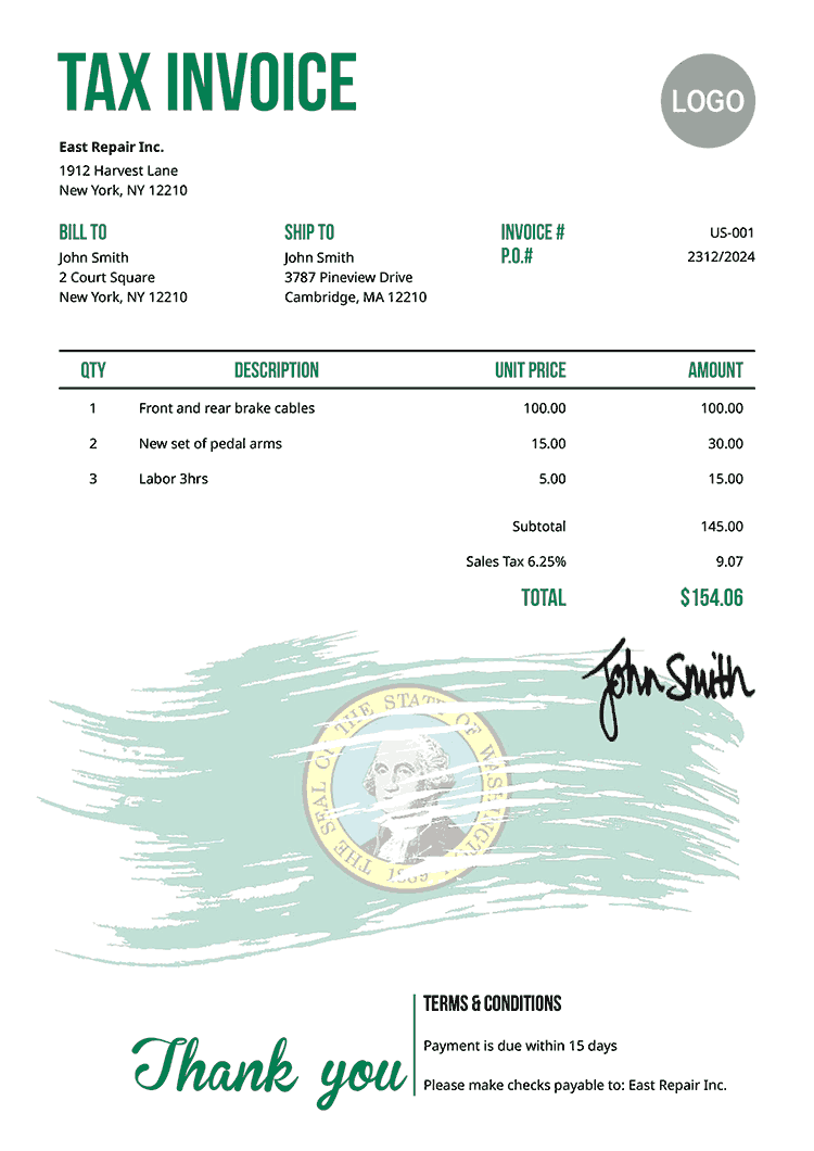 Tax Invoice Template Us Flag Of Washington 