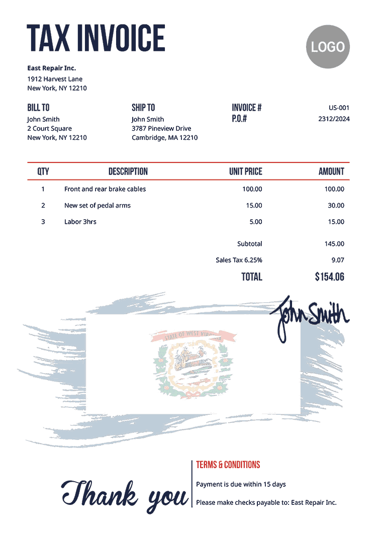 Tax Invoice Template Us Flag Of West Virginia 