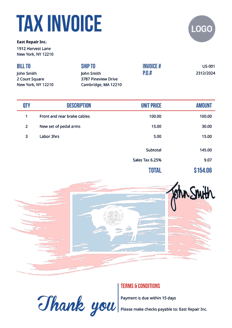 Tax Invoice Template Us Flag Of Wyoming 
