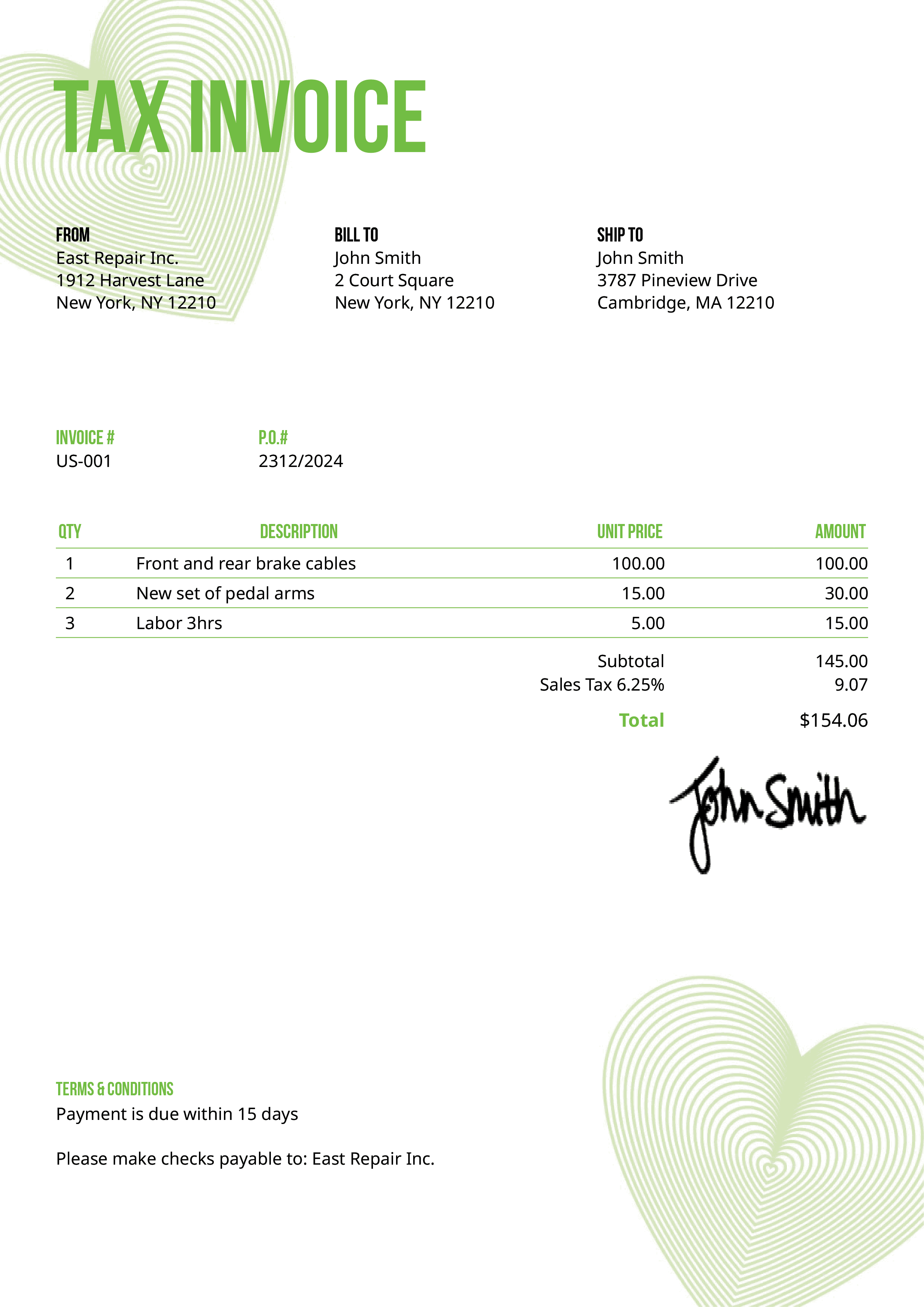 Tax Invoice Template Us Hearts Green 