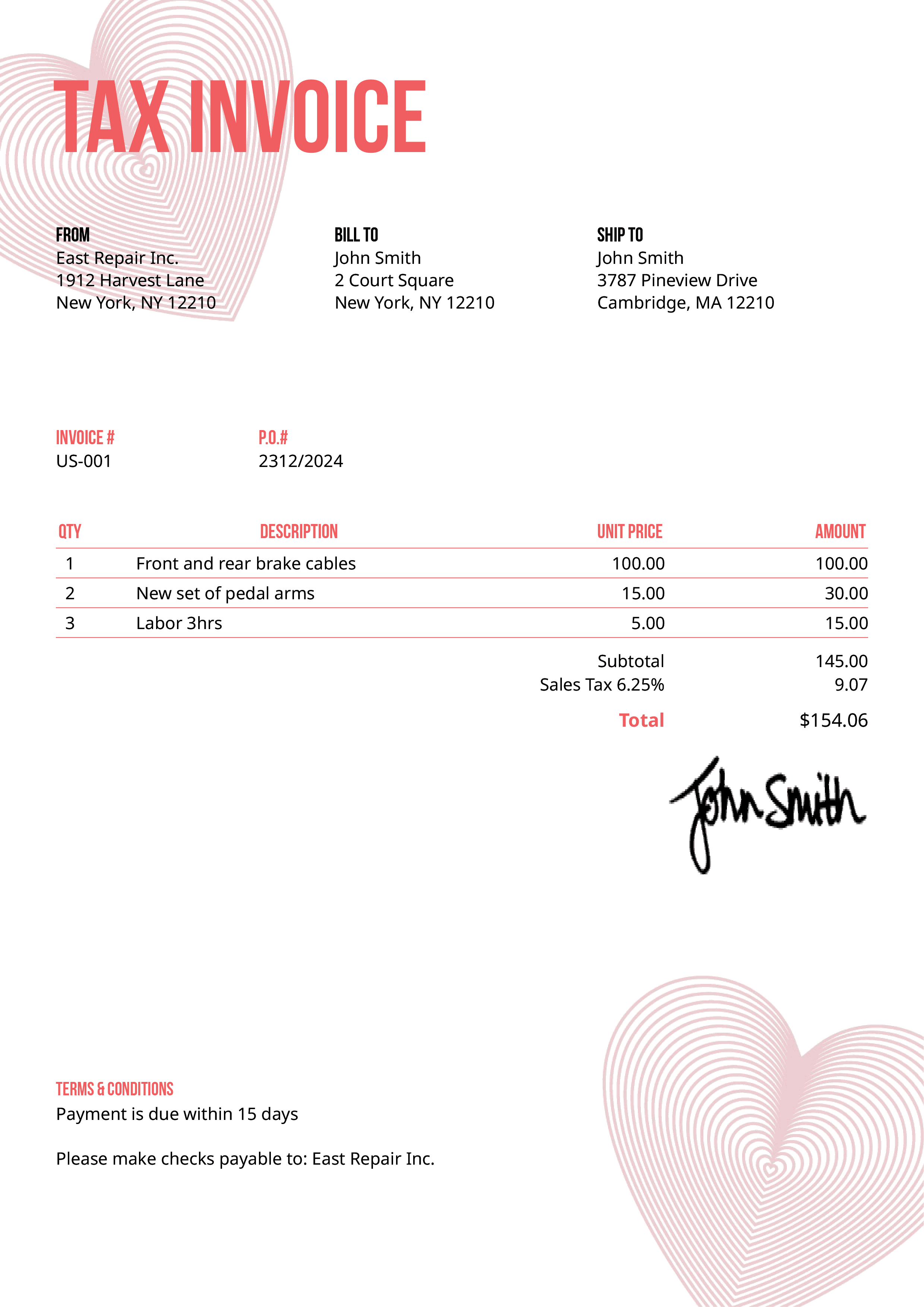 Tax Invoice Template Us Hearts Pink 