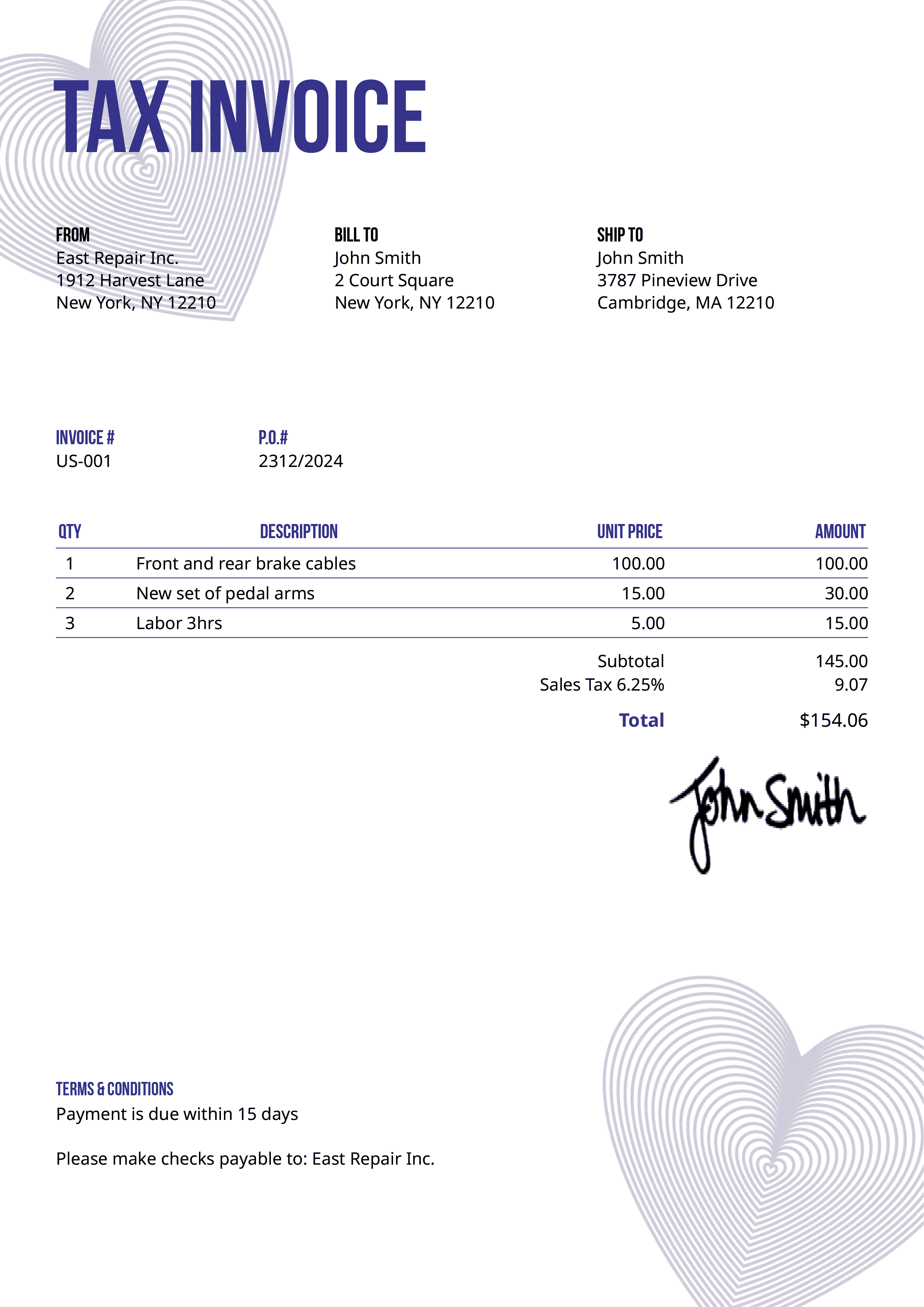 Tax Invoice Template Us Hearts Purple 
