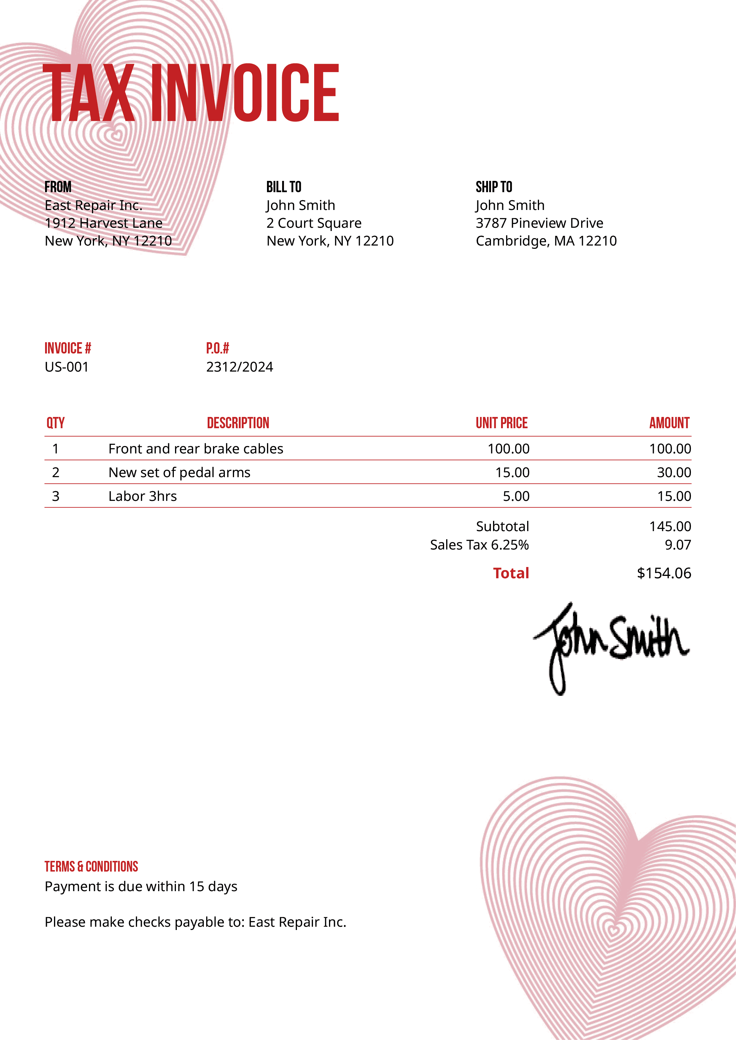 Tax Invoice Template Us Hearts Red 
