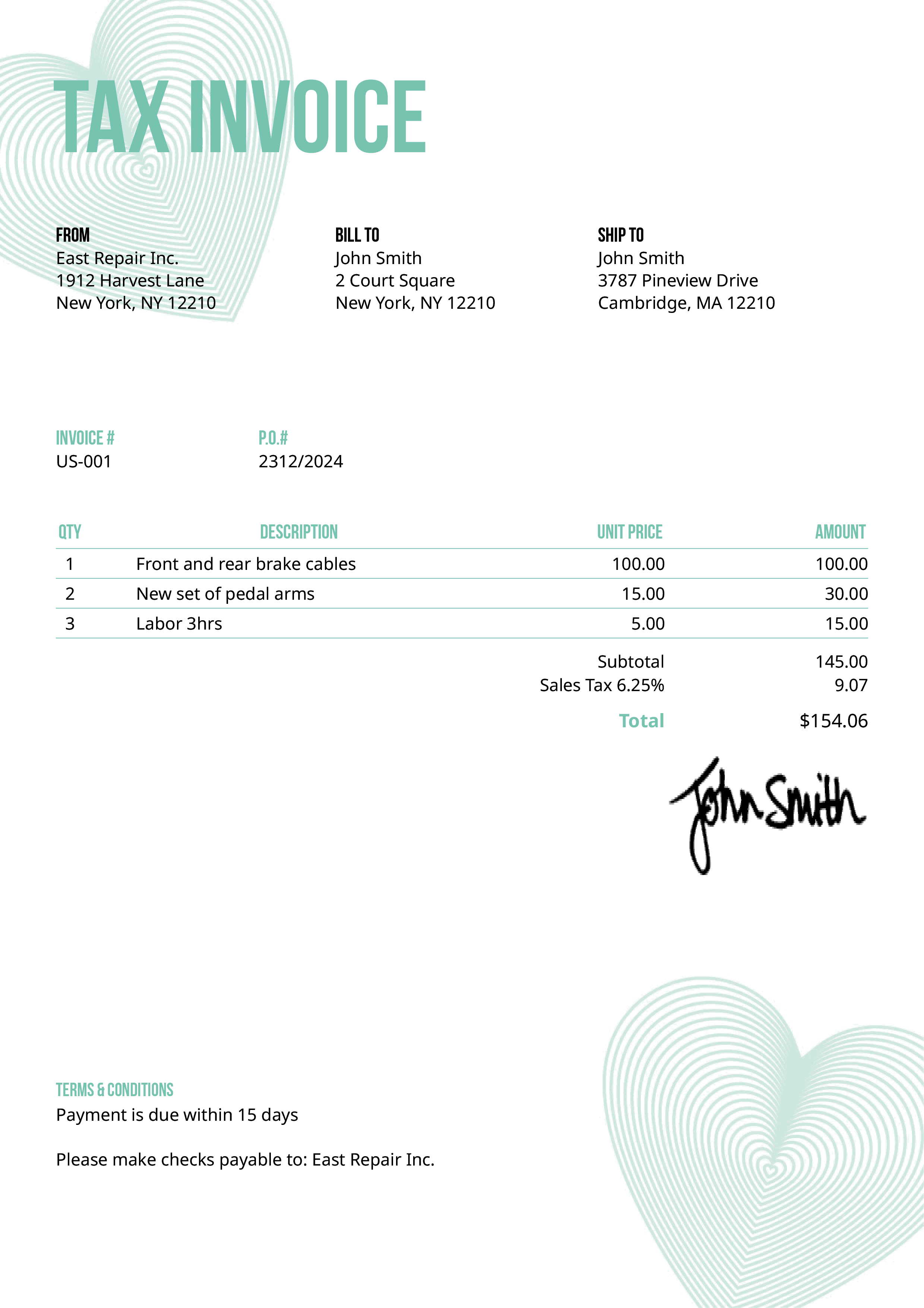 Tax Invoice Template Us Hearts Turquoise 