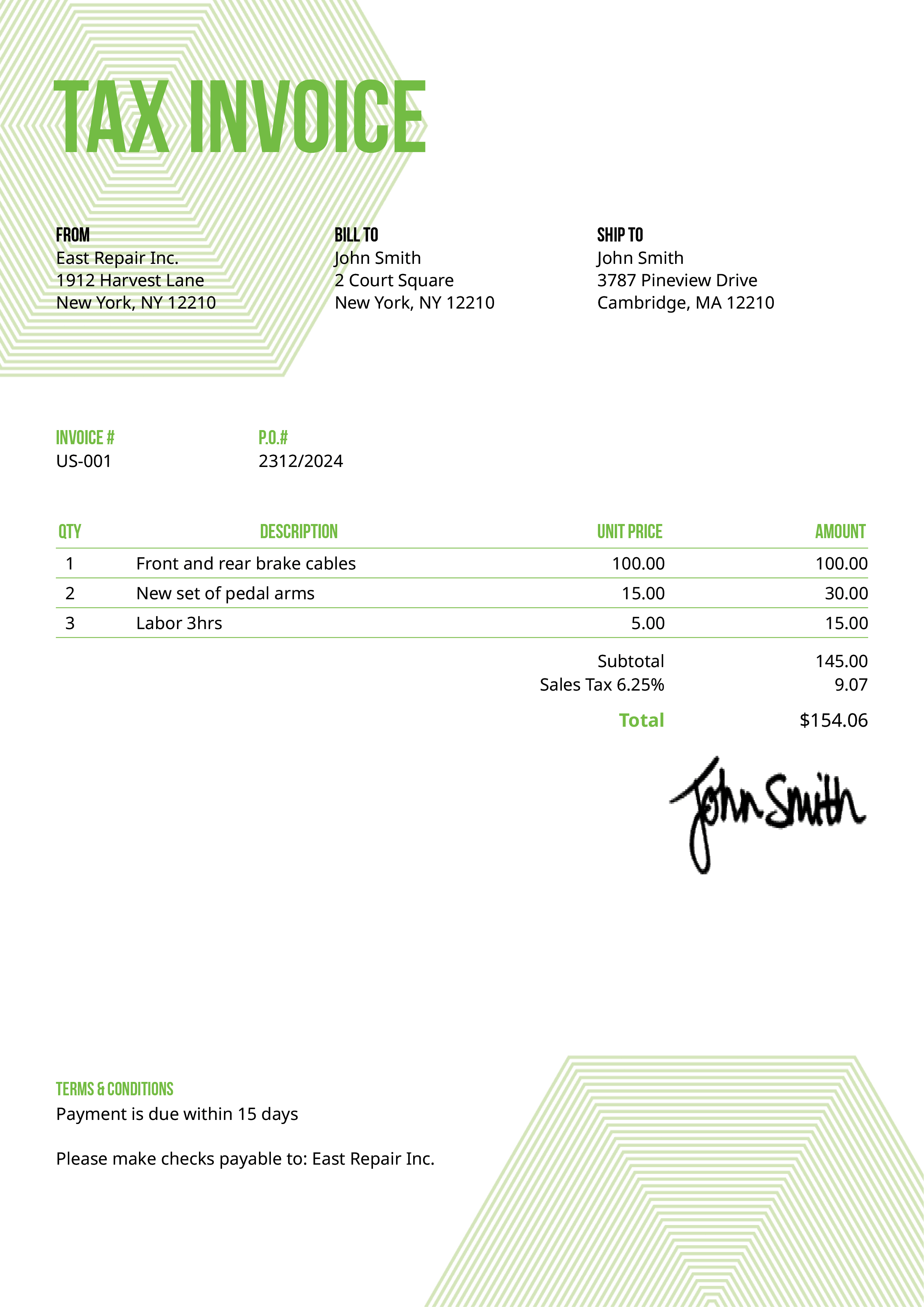 Tax Invoice Template Us Hexagons Green 