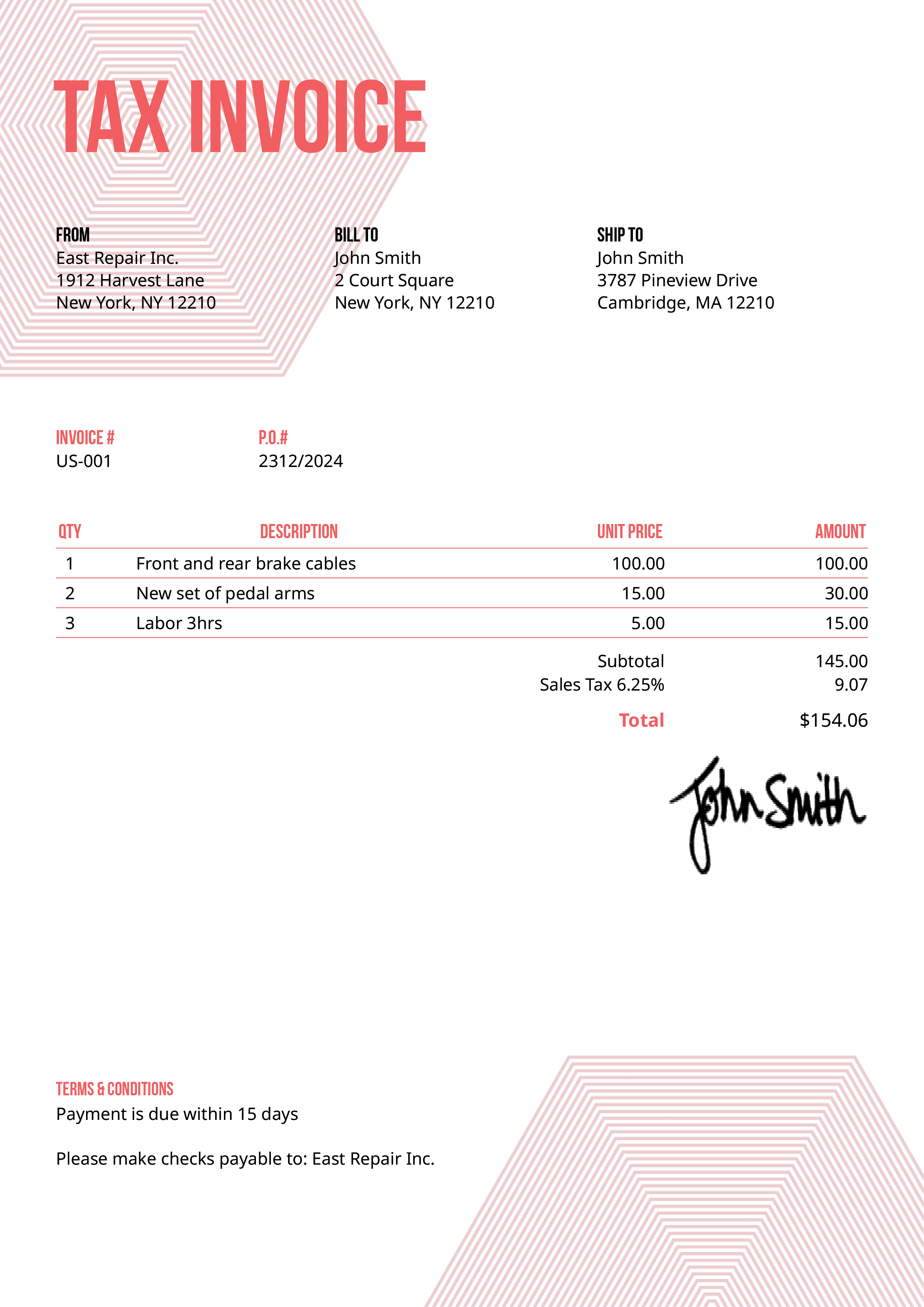 Tax Invoice Template Us Hexagons Pink 