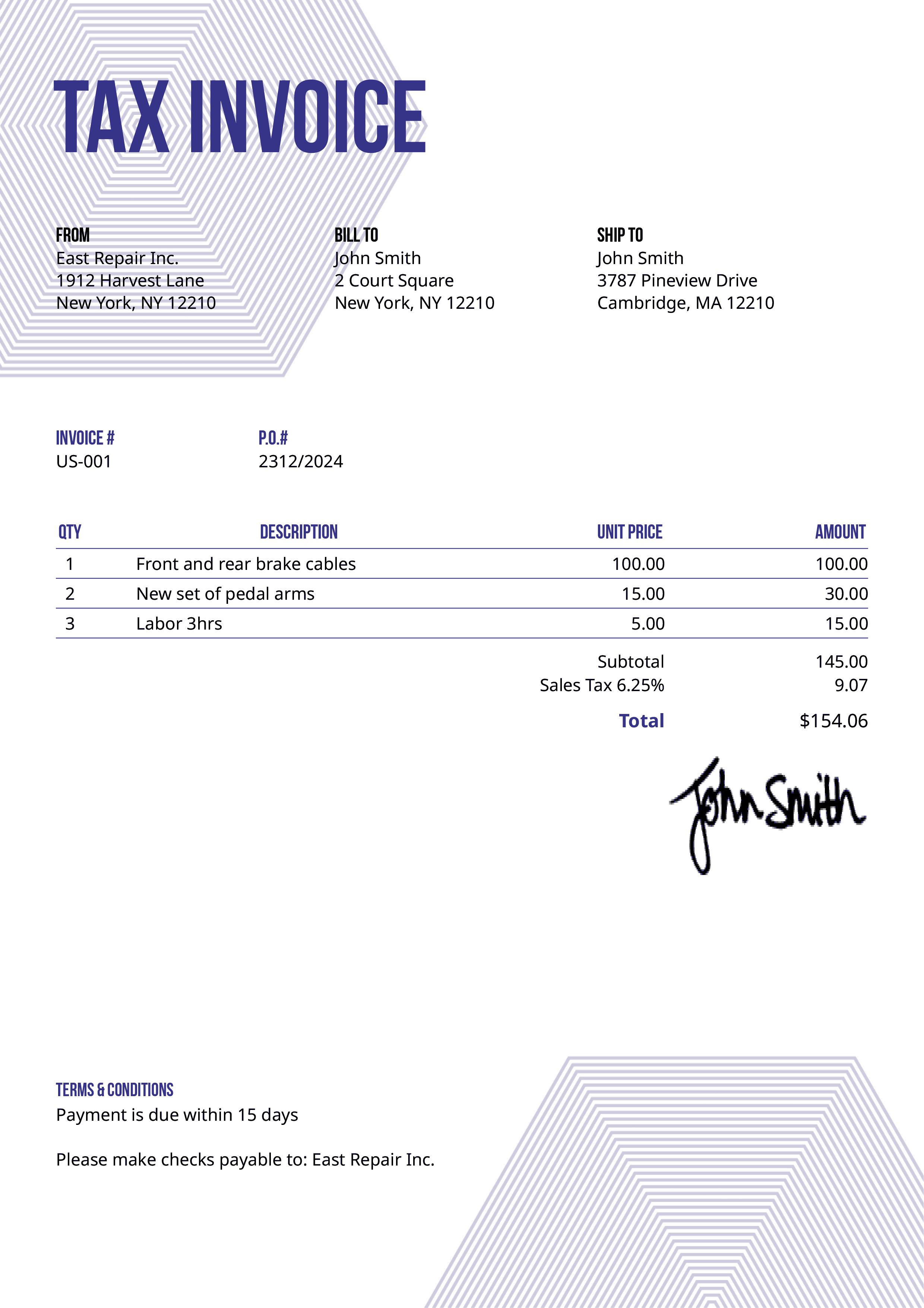 Tax Invoice Template Us Hexagons Purple 