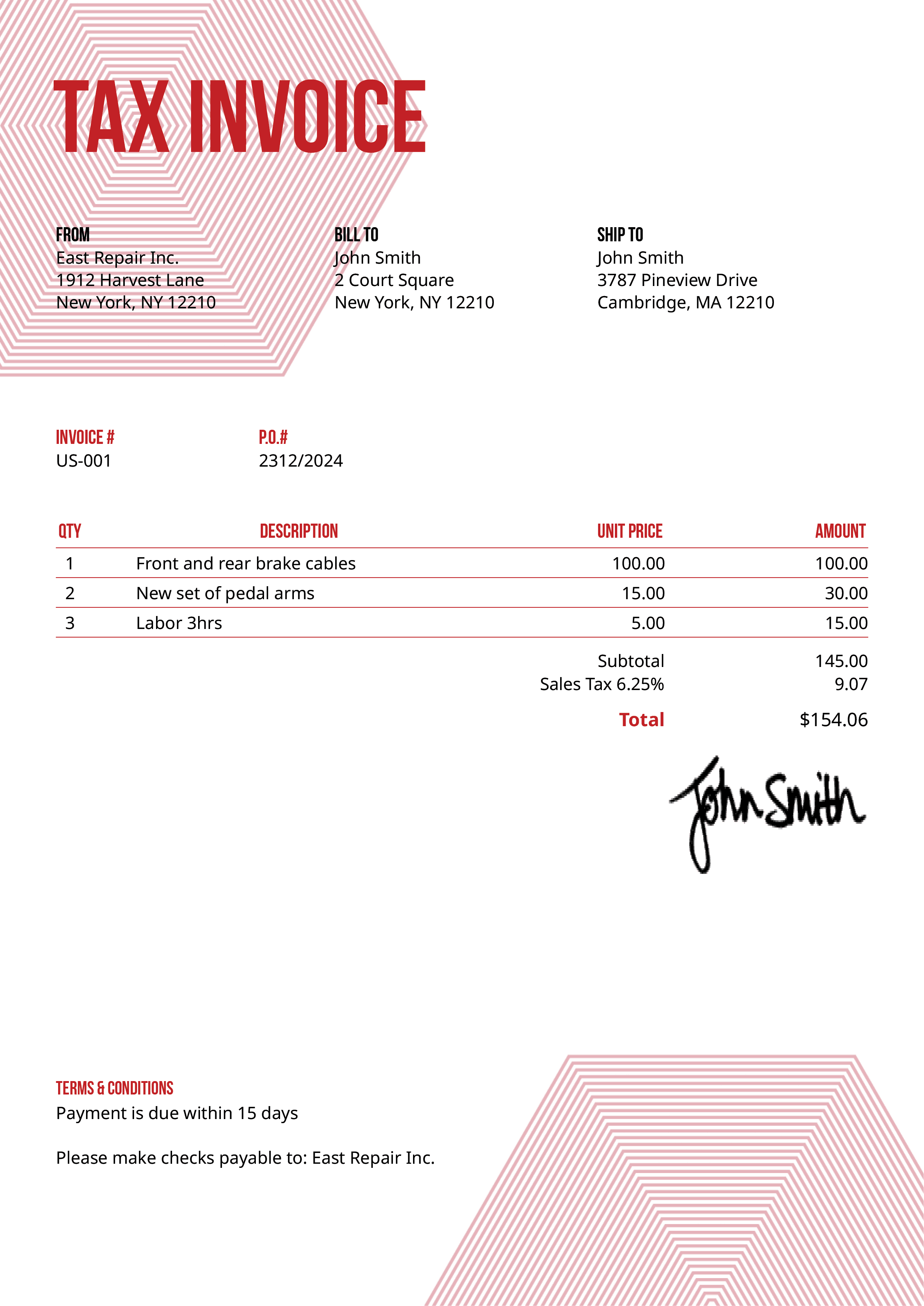 Tax Invoice Template Us Hexagons Red 