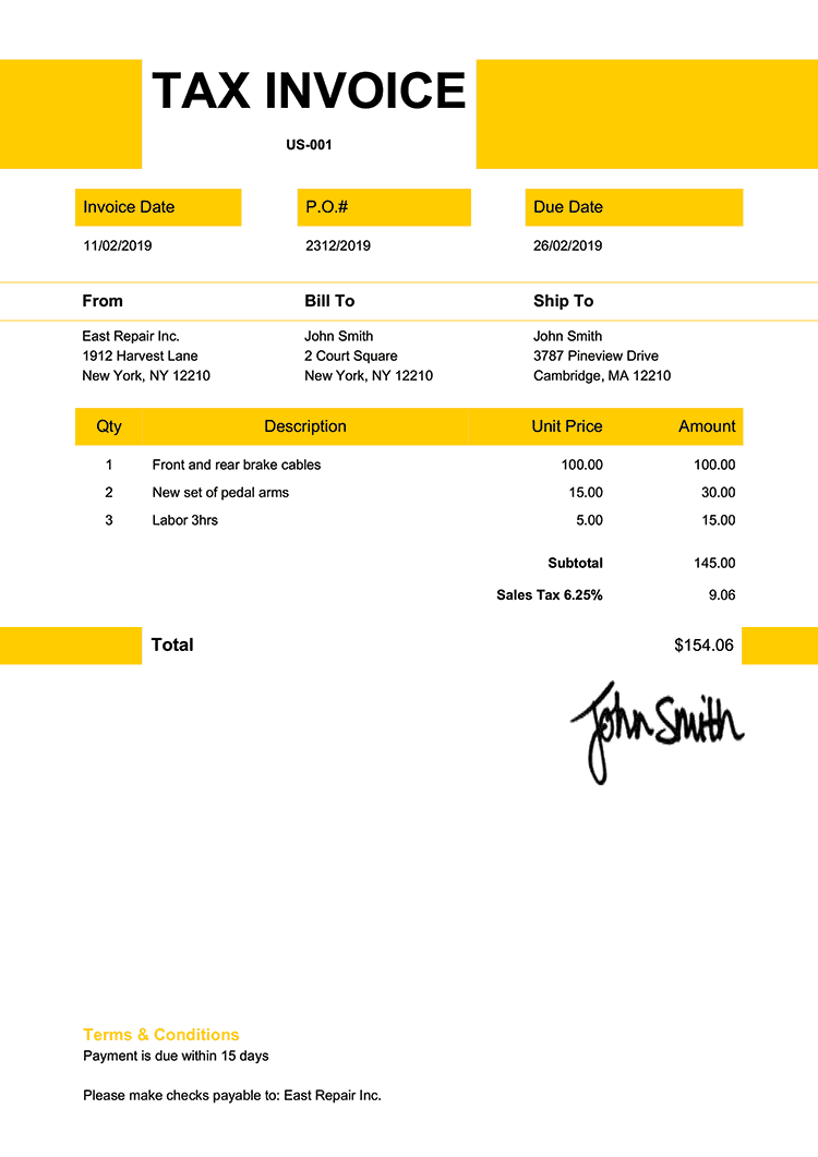Tax Invoice Template Us Impact Yellow 