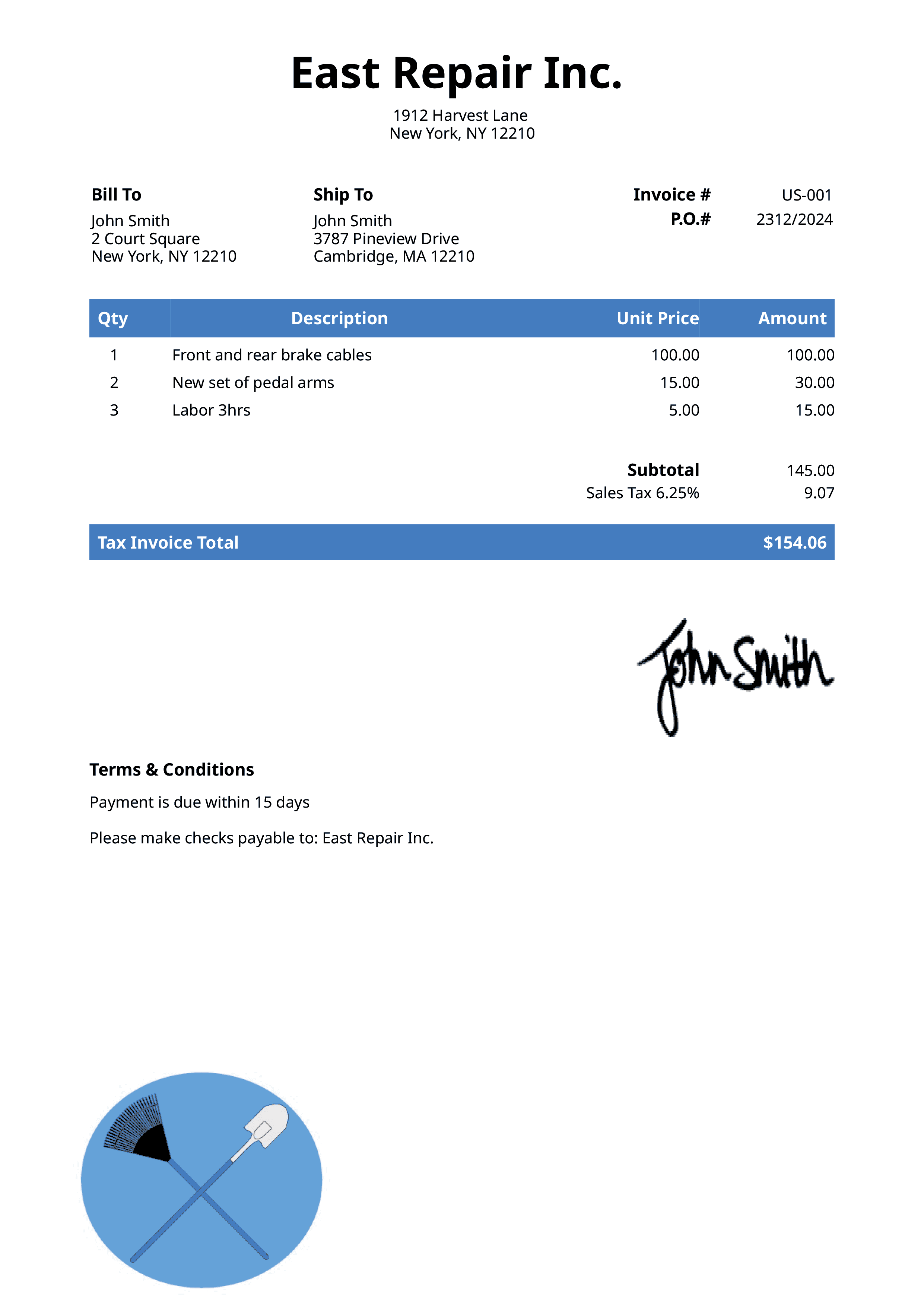 Tax Invoice Template Us Landscaper Blue 