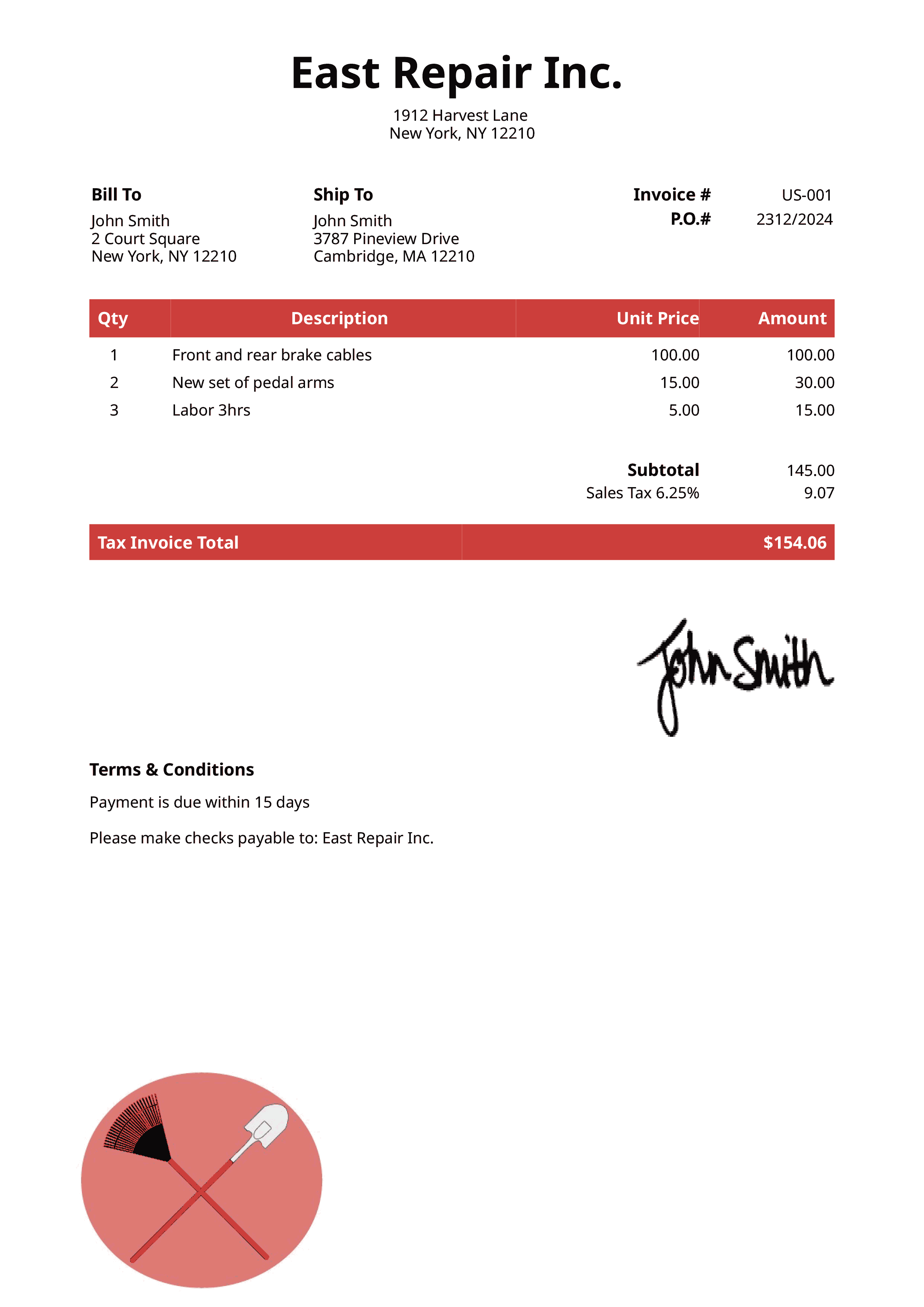 Tax Invoice Template Us Landscaper Red 