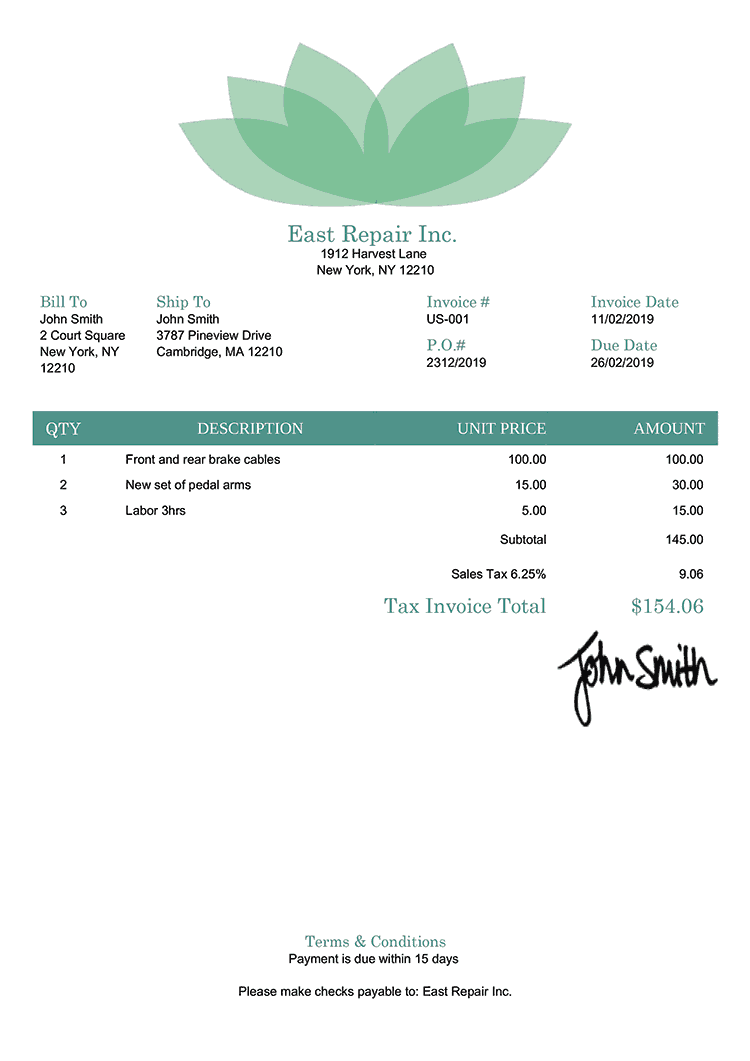 Tax Invoice Template Us Lotus Green 