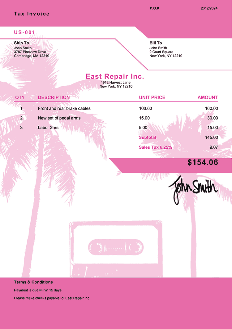 Tax Invoice Template Us Miami 