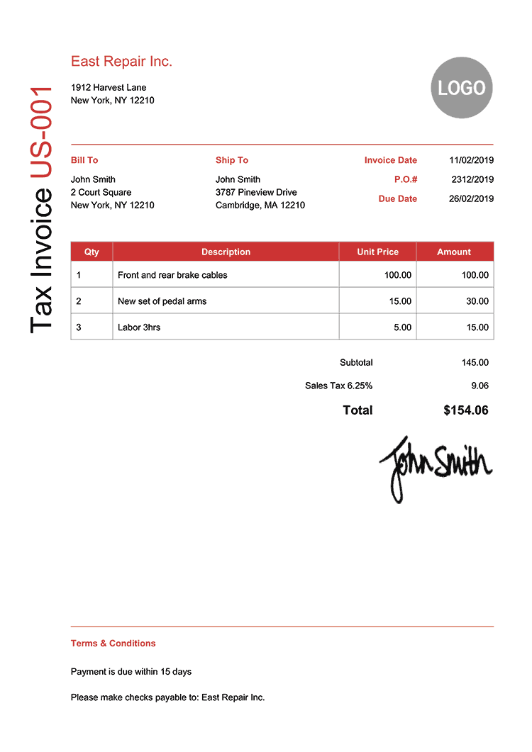 Tax Invoice Template Us Modern Red 