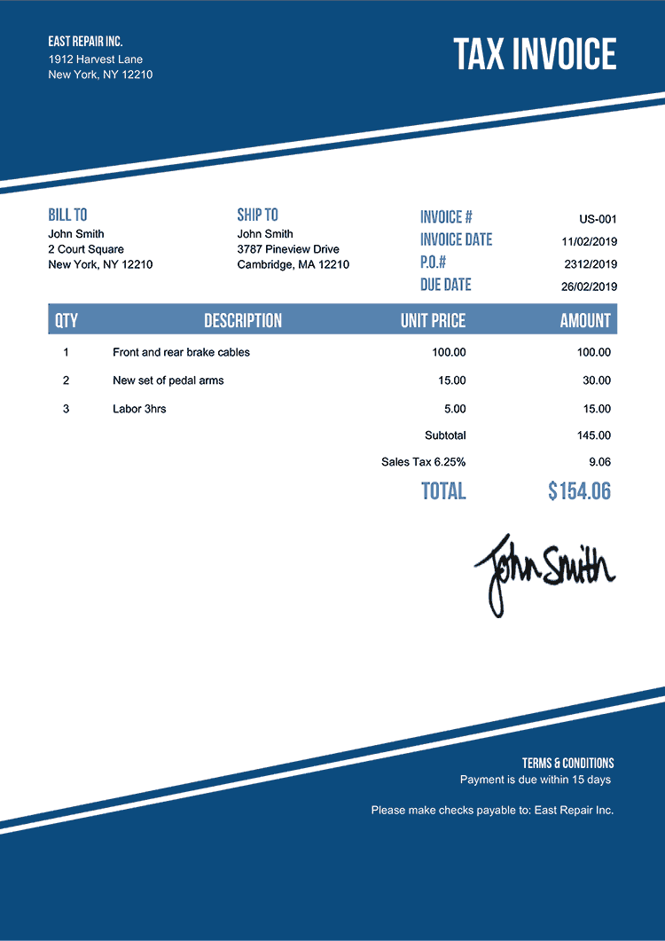Tax Invoice Template Us Modest Blue 