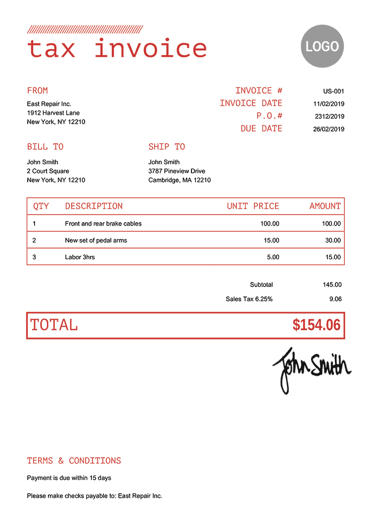 Tax Invoice Template Us Mono Red 