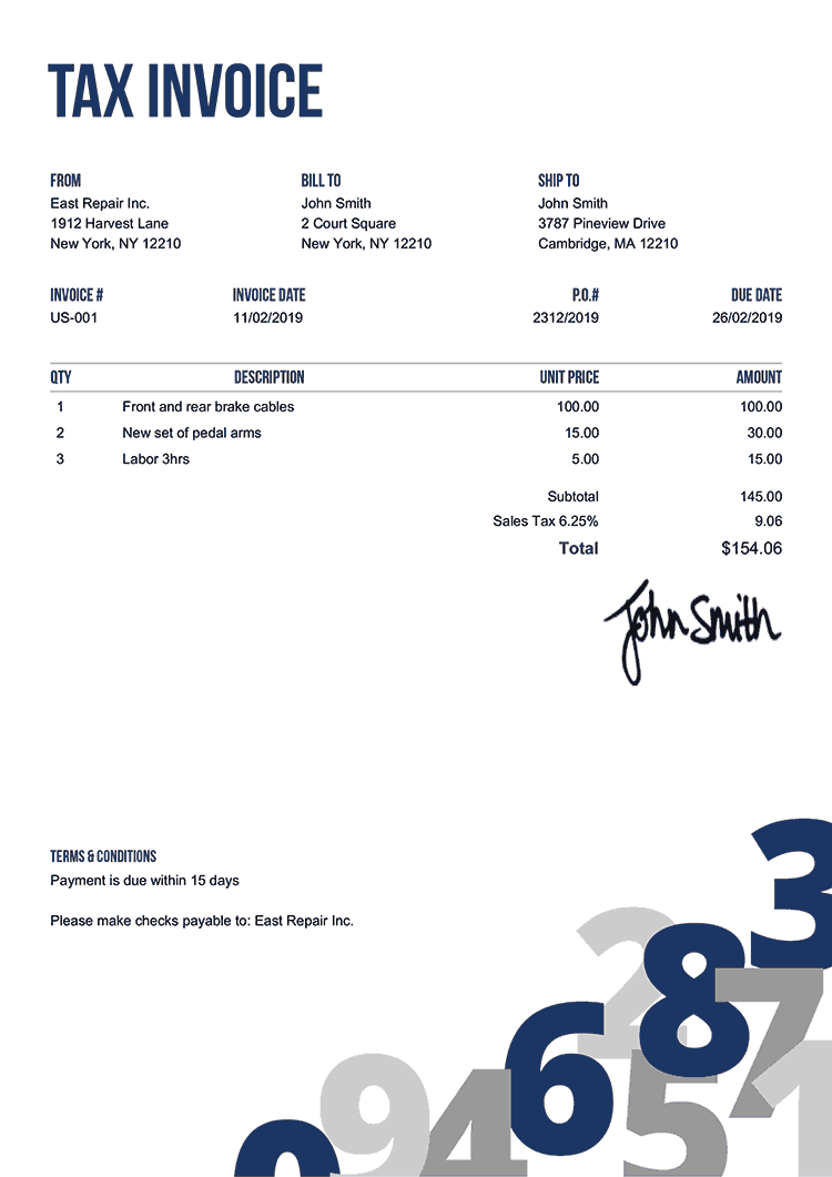 Tax Invoice Template Us Numbers Blue 