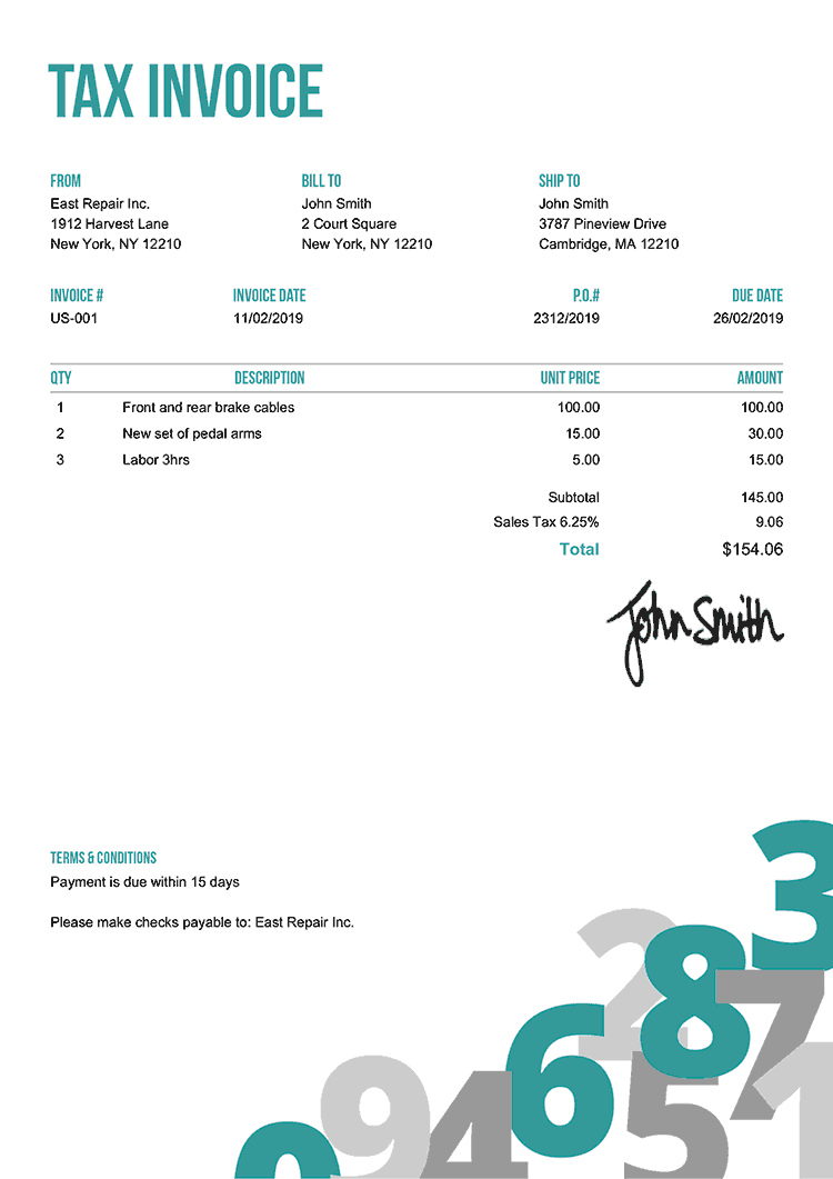 Tax Invoice Template Us Numbers Teal 