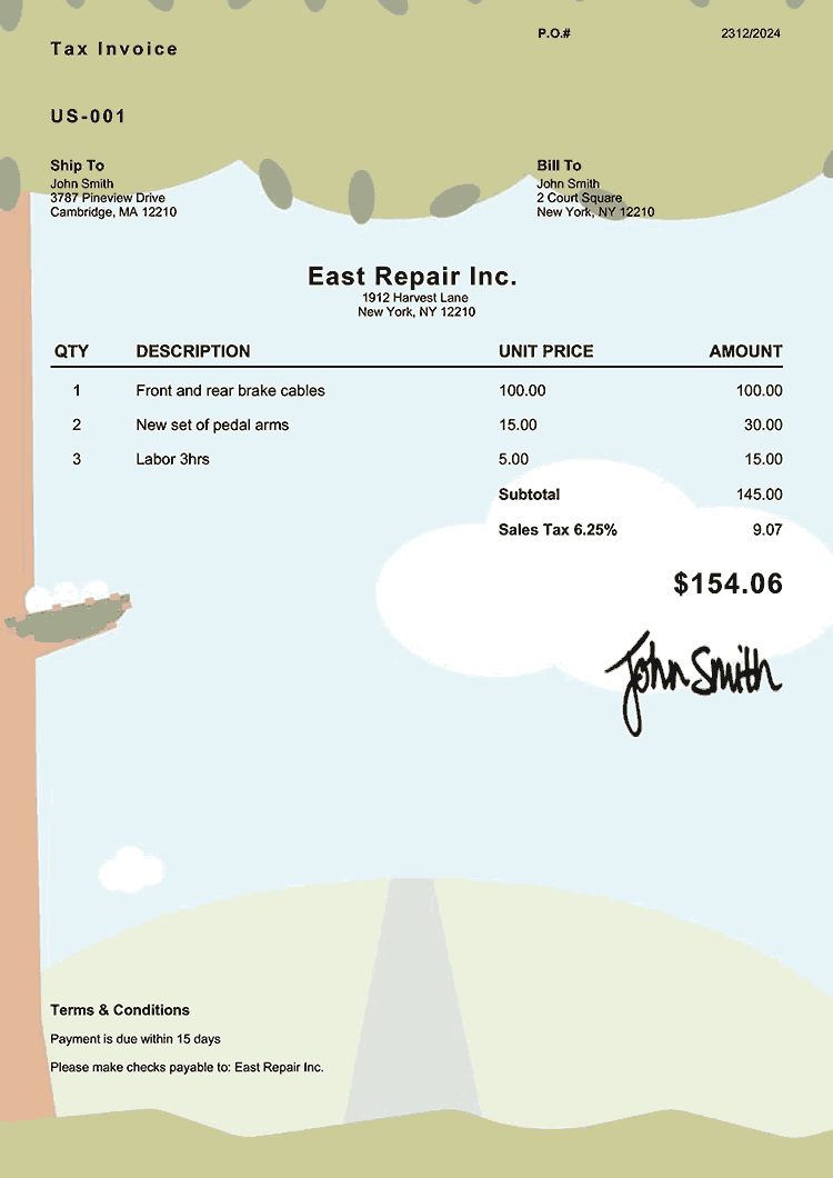 Tax Invoice Template Us Tree Hill 