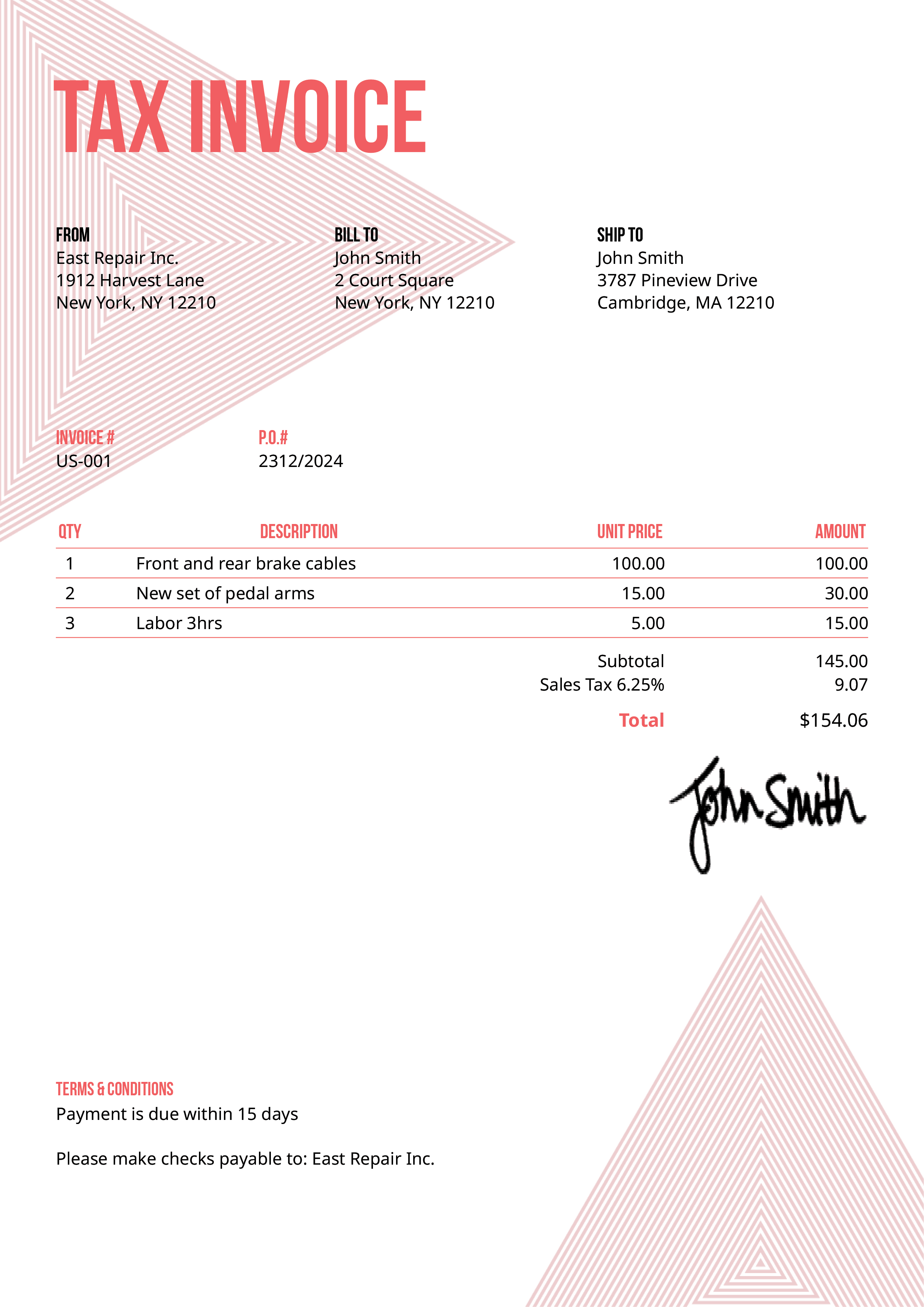 Tax Invoice Template Us Triangles Pink 