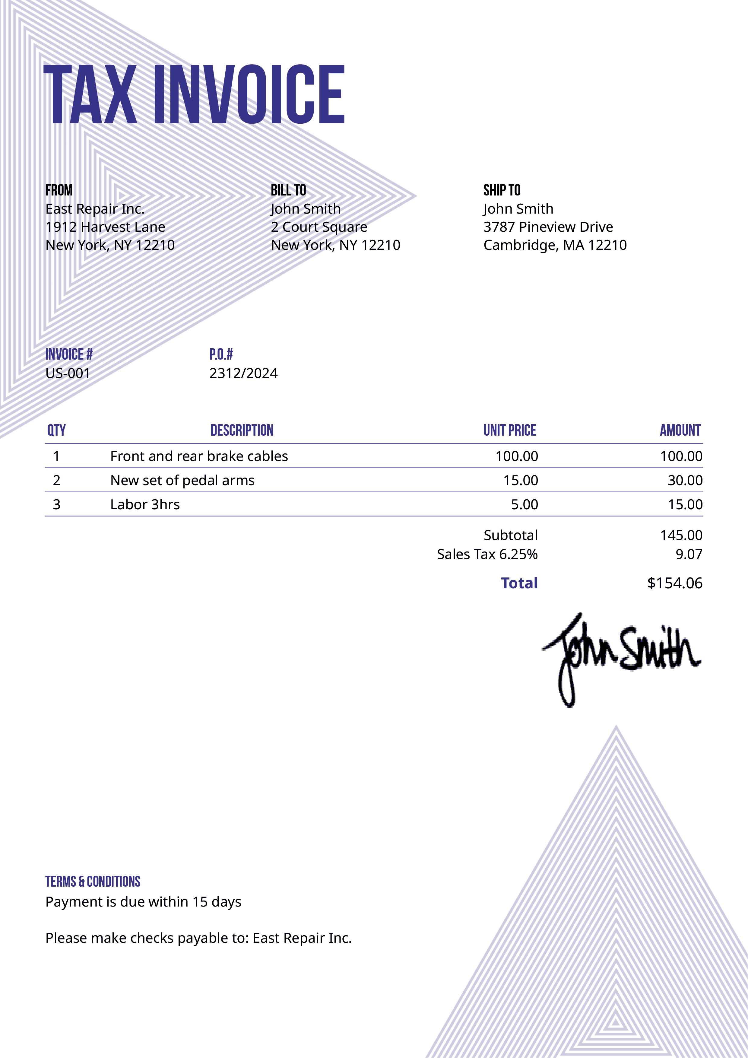 Tax Invoice Template Us Triangles Purple 